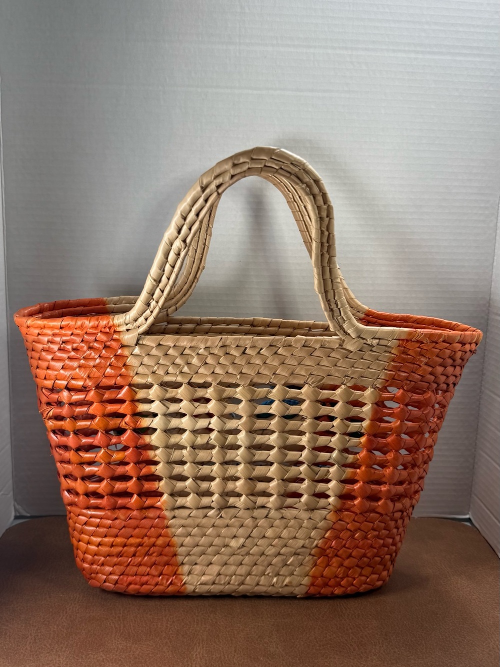 Orange and Natural Floral Embroidered Straw Tote - Picture 2 of 6